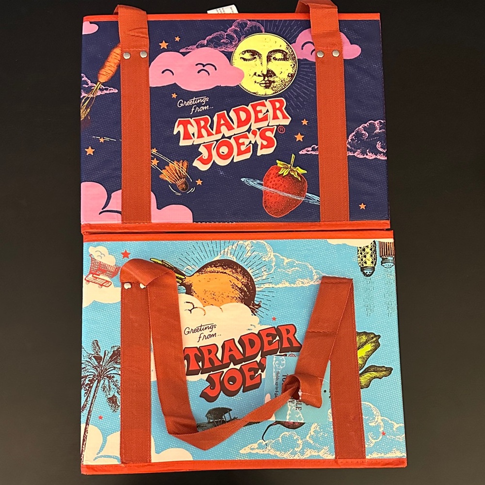 2 Trader Joe's Reusable Market Tote Bags - Colorful Night & Day Prints